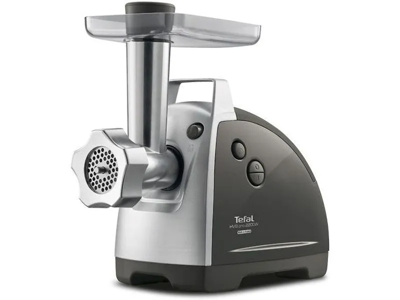 Moderni Tefal-lihamylly, hopeanvärinen, tehokas 1220W moottori ja helppokäyttöinen hallintapaneeli.
