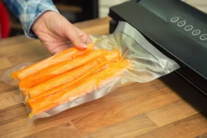 Henkilö käyttää vakuumikonetta laittaen porkkasuikaleita vakuumipussiin.