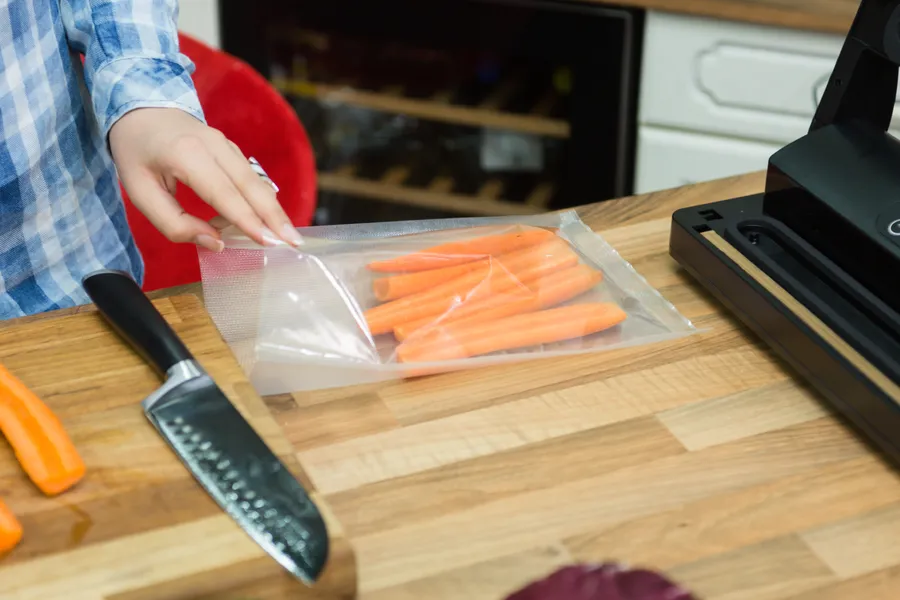 Käsi laittaa porkkanoita vakuumipussiin modernilla vakuumikoneella keittiössä.